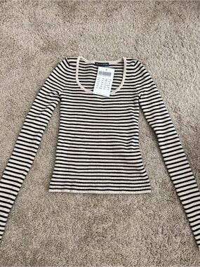 Brandy Melville Striped Long-Sleeve Slim Rib Knit Top - Black & Cream
